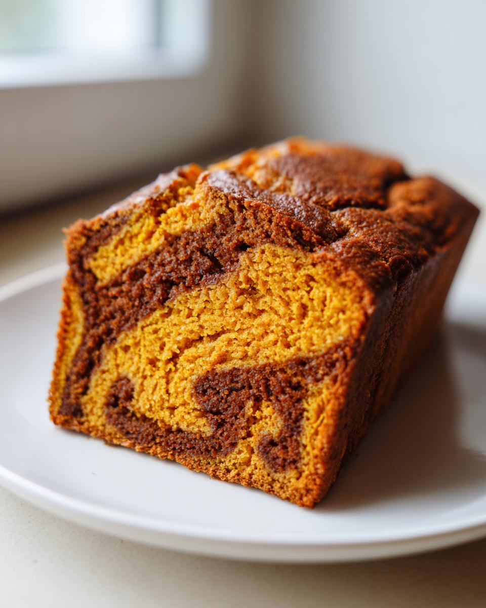 Close-up of a freshly baked slice of Cinnamon Swirl Pumpkin Bread showing the vibrant orange pumpkin batter marbled with dark cinnamon swirl.