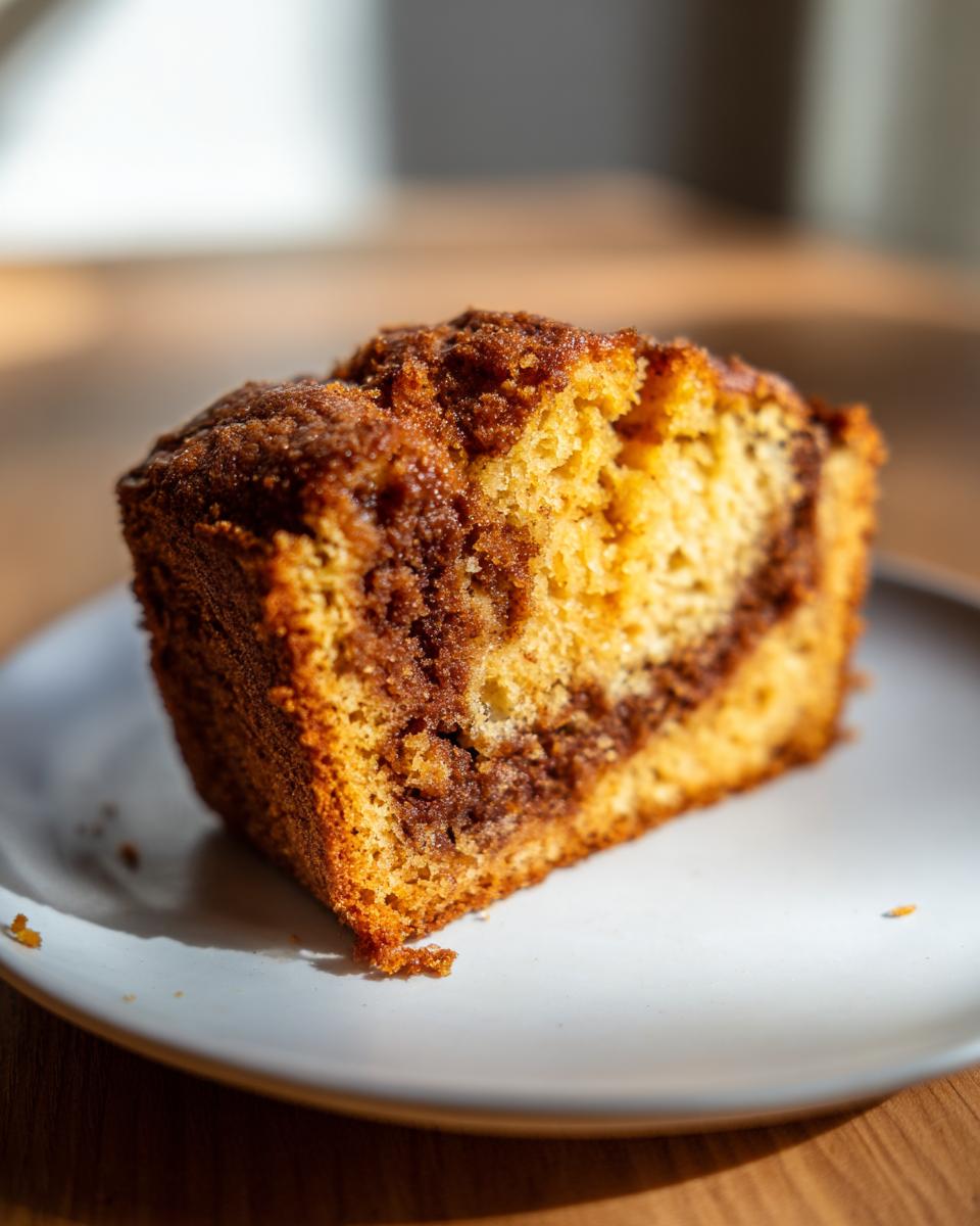 Close-up of a moist slice of Cinnamon Swirl Pumpkin Bread showing the rich brown swirl filling on a light plate.