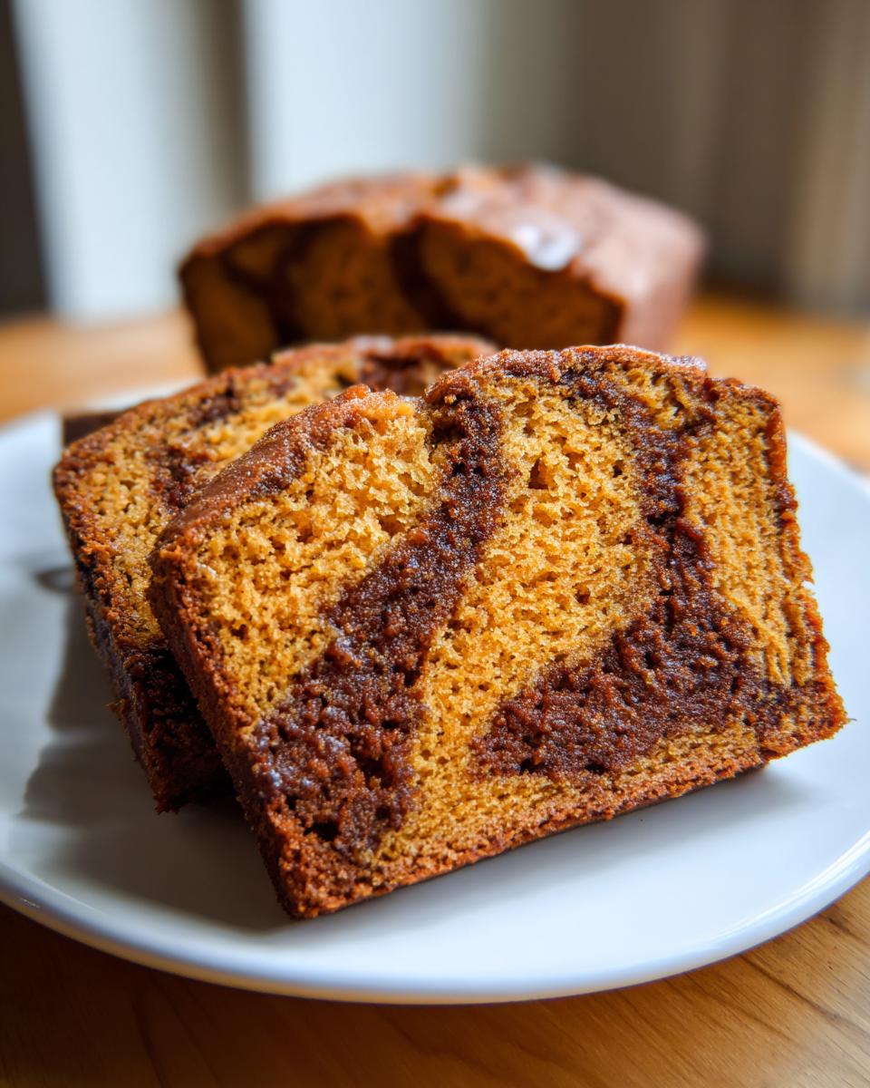Two close-up slices of Cinnamon Swirl Pumpkin Bread showing a distinct dark cinnamon swirl pattern.