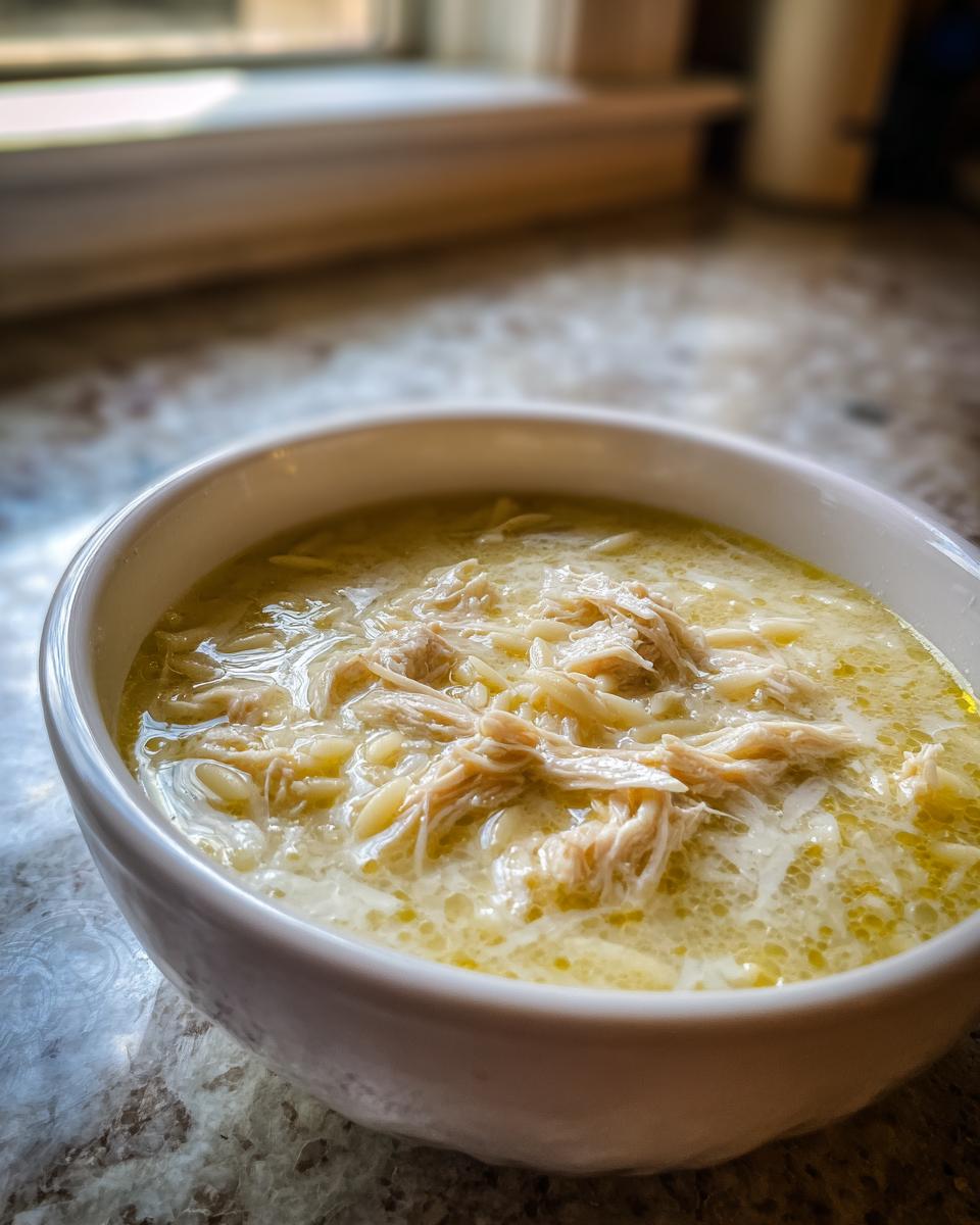 Close-up of a white bowl filled with creamy Classic Greek Lemon Chicken Soup, featuring shredded chicken and orzo pasta.