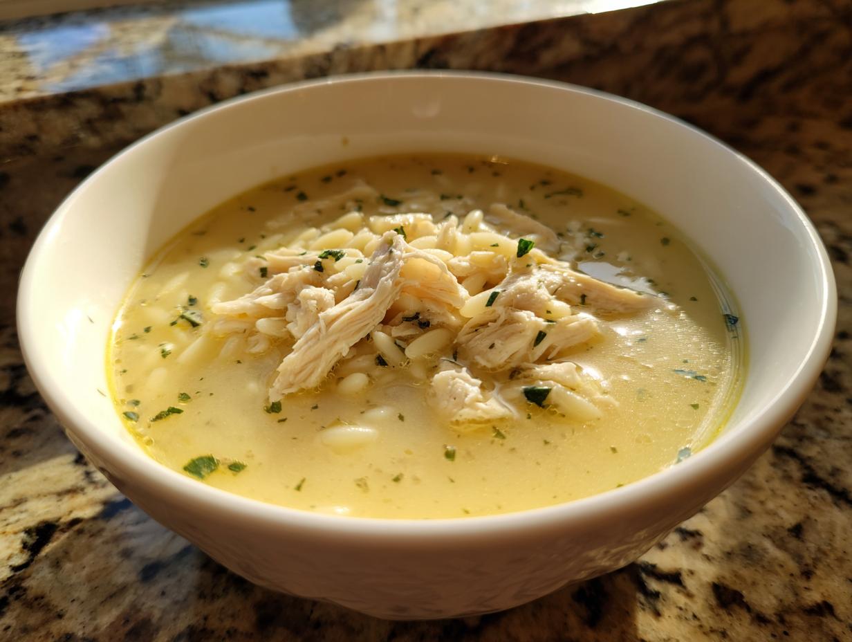 A close-up of a white bowl filled with Classic Greek Lemon Chicken Soup, featuring shredded chicken and orzo pasta.