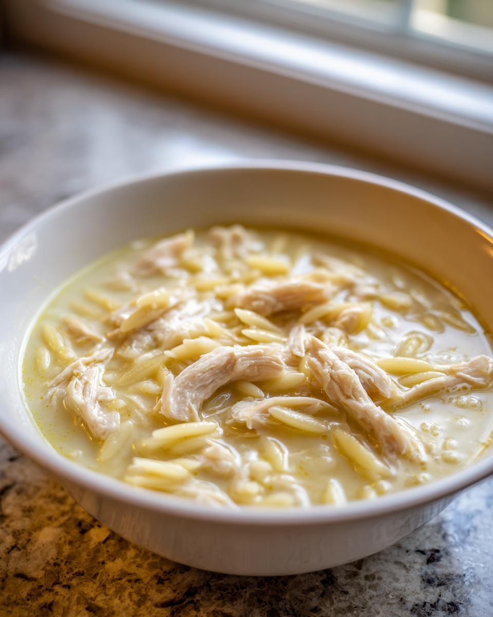 A close-up of a white bowl filled with Classic Greek Lemon Chicken Soup, featuring shredded chicken and orzo pasta in a creamy broth.