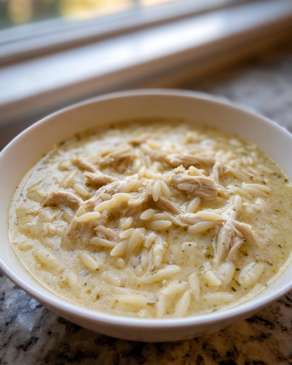 Close-up of a white bowl filled with Classic Greek Lemon Chicken Soup featuring shredded chicken and orzo pasta in a creamy broth.