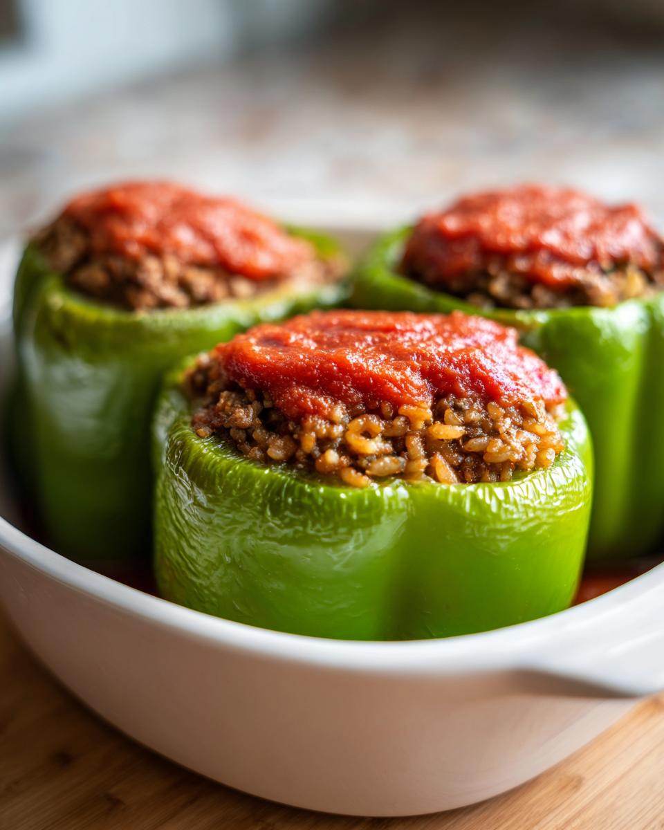 Three vibrant green Classic Stuffed Peppers filled with rice and meat, topped with tomato sauce, sitting in a white baking dish.