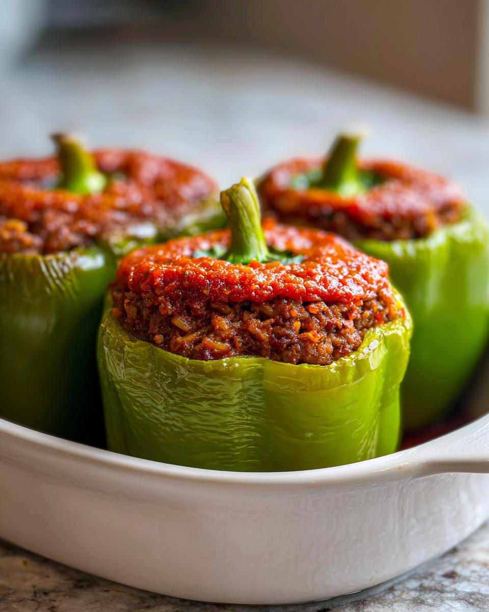 Close-up of three vibrant green bell peppers filled for a Classic Stuffed Peppers Recipe, topped with tomato sauce.