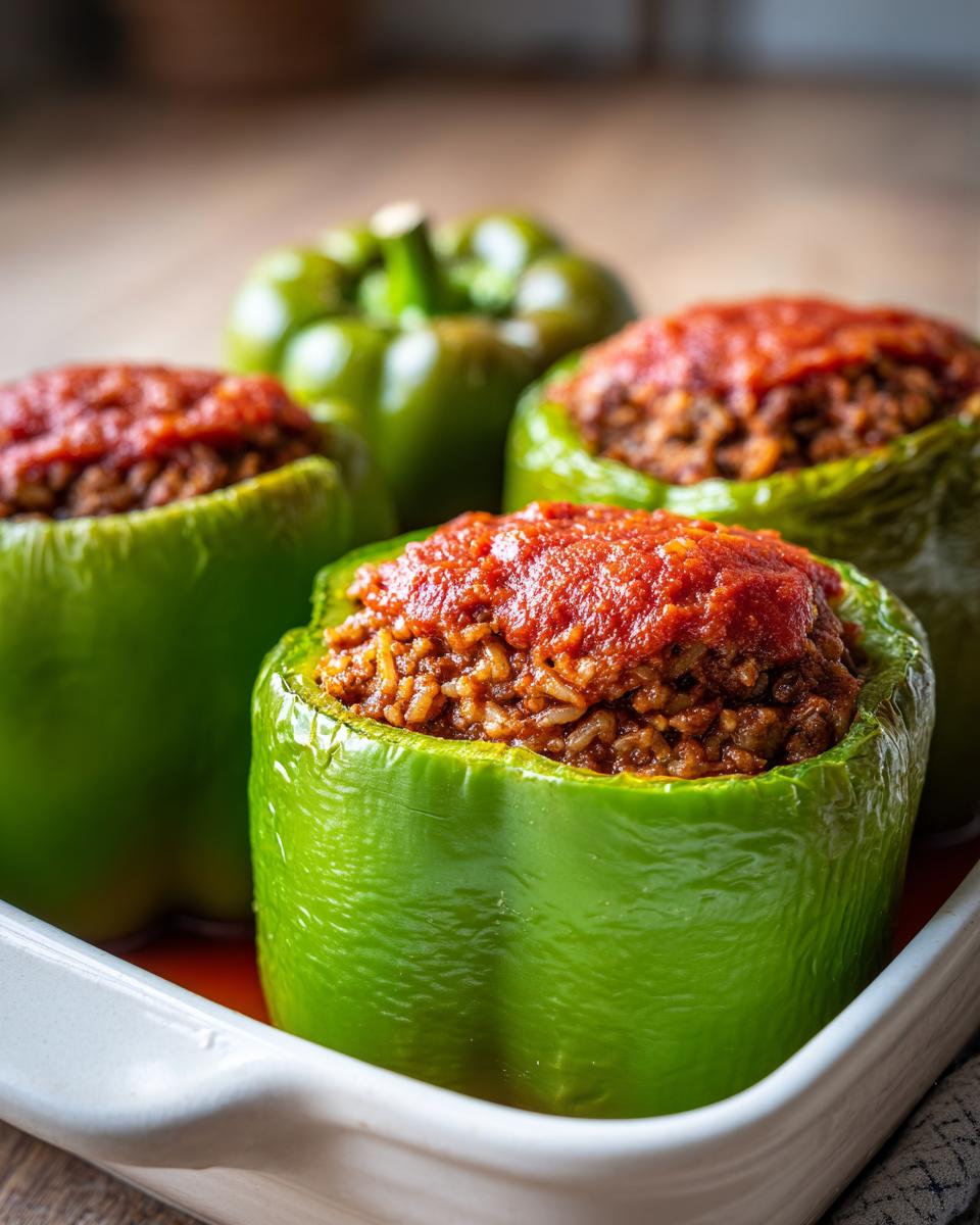 Four bright green bell peppers stuffed with a ground meat and rice mixture, topped with tomato sauce, part of the Classic Stuffed Peppers Recipe.