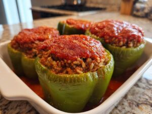 Four vibrant green Classic Stuffed Peppers Recipe halves filled with meat and rice, topped with tomato sauce, sitting in a white baking dish.