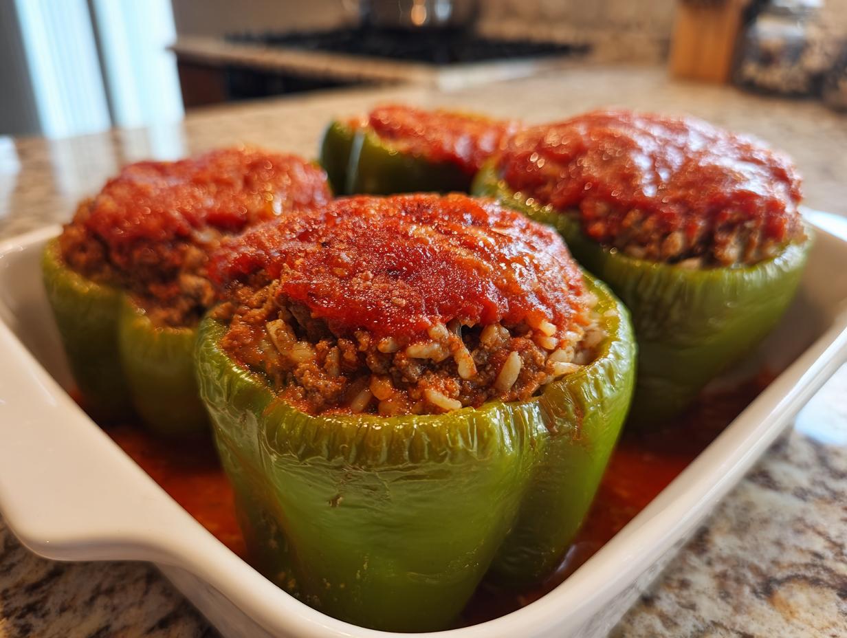 Four vibrant green Classic Stuffed Peppers Recipe halves filled with meat and rice, topped with tomato sauce, sitting in a white baking dish.