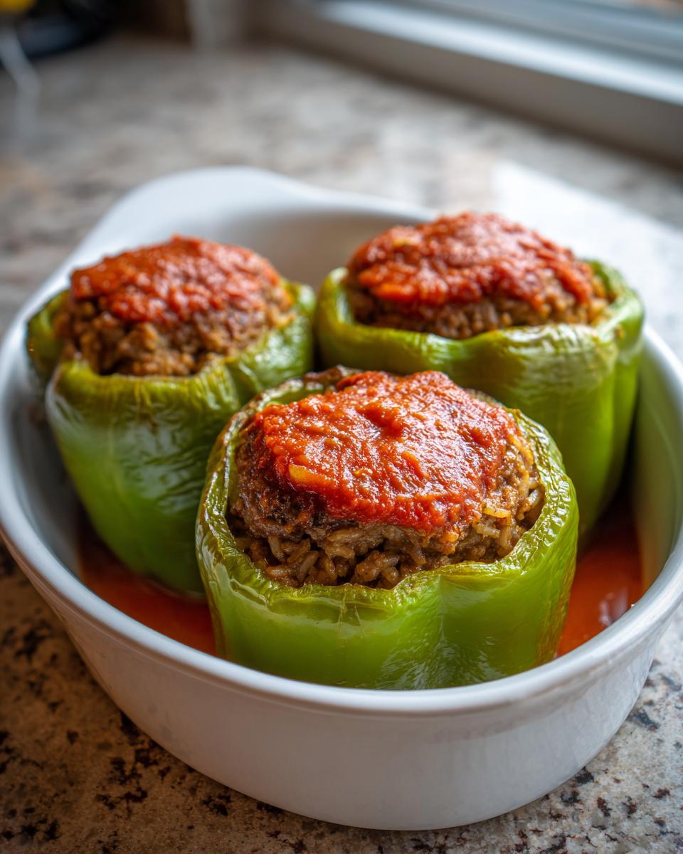 Three bright green Classic Stuffed Peppers Recipe, filled with meat and rice and topped with tomato sauce, sitting in a white dish.