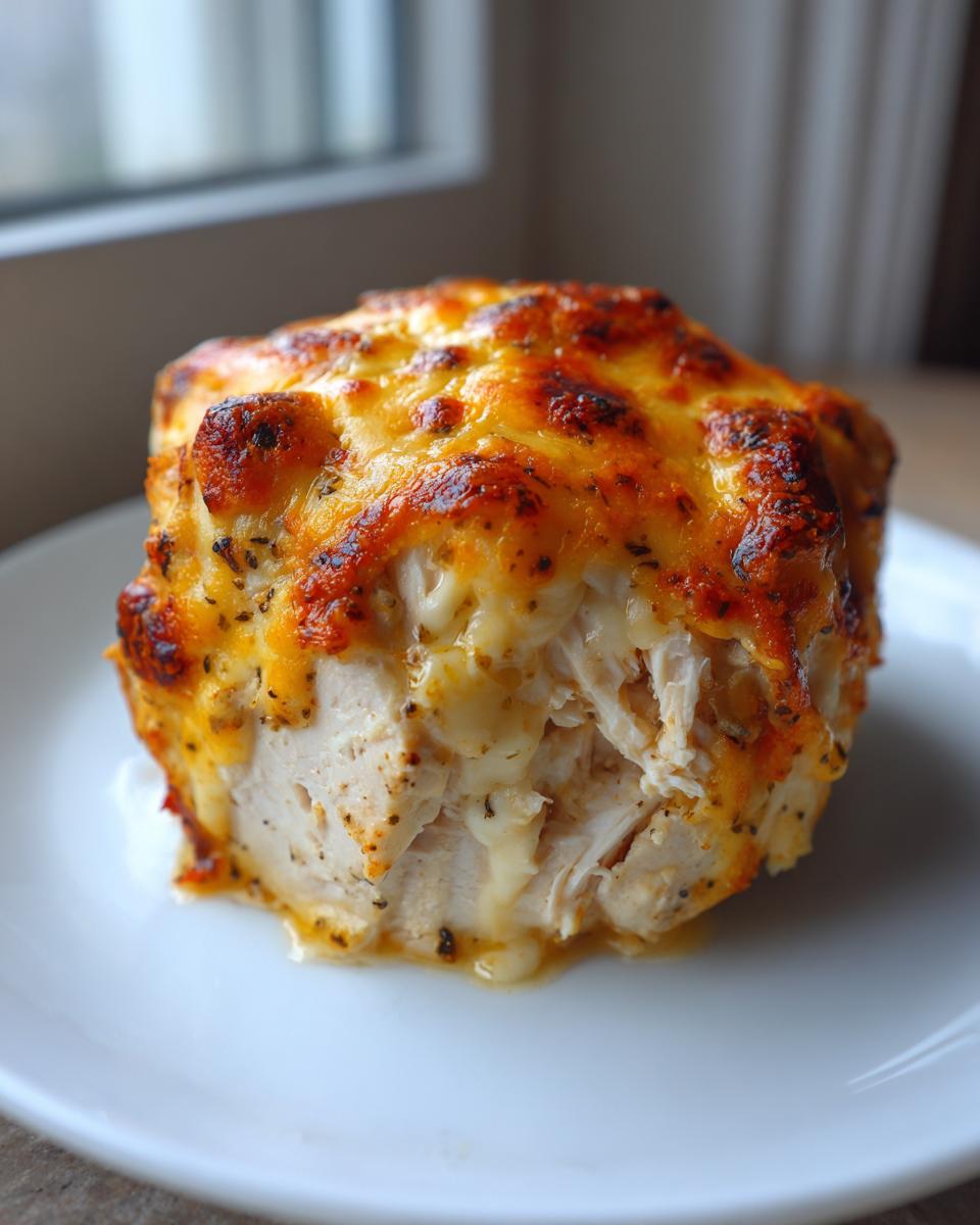 A close-up of a single serving of Cream Cheese Chicken Bake, showing juicy shredded chicken topped with bubbly, browned, melted cheese.