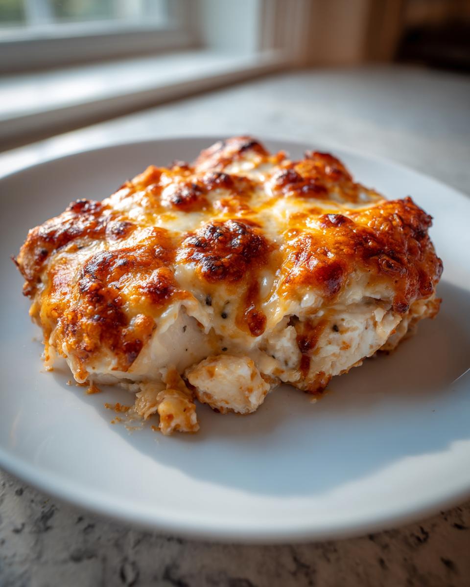 A close-up of a serving of Cream Cheese Chicken Bake on a white plate, featuring a bubbly, browned cheese crust.