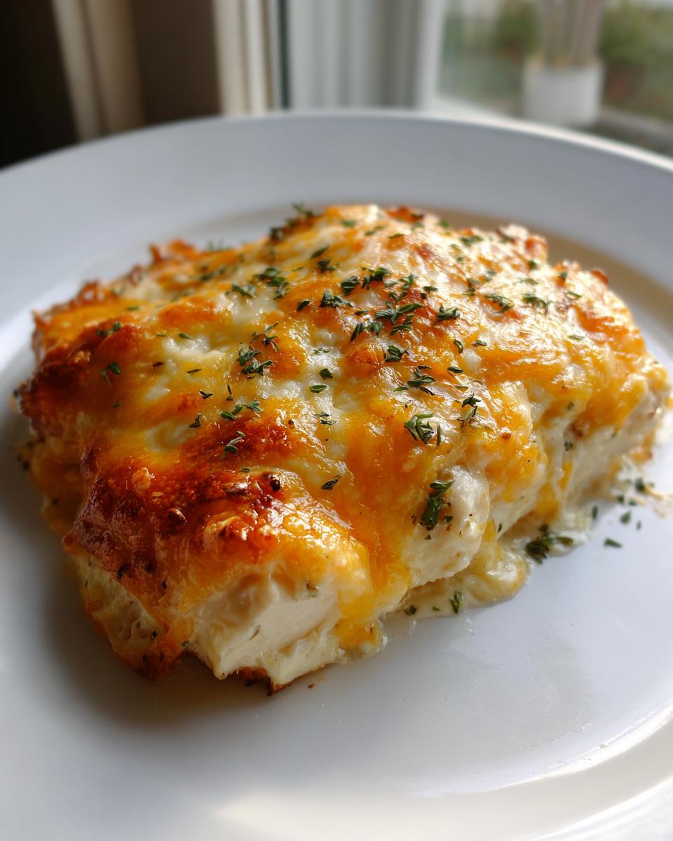 A close-up of a serving of Cream Cheese Chicken Bake topped with melted golden cheddar and white cheese, sprinkled with parsley.