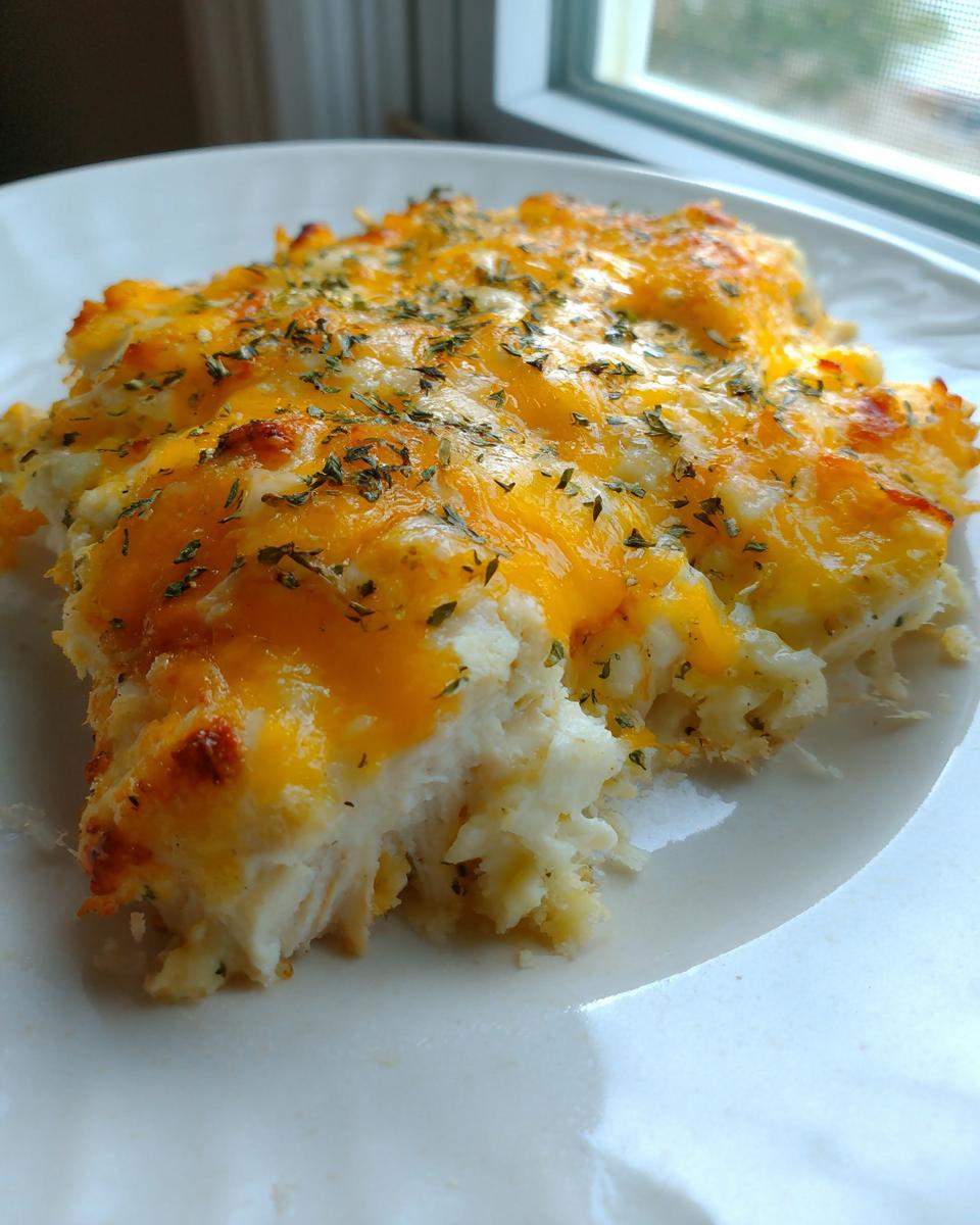 A close-up of a serving of Cream Cheese Chicken Bake on a white plate, topped with melted cheddar cheese and herbs.