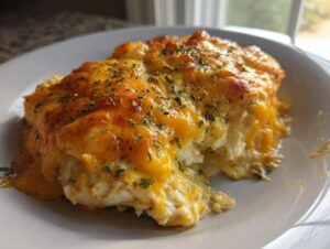 A close-up of a serving of Cream Cheese Chicken Bake topped with bubbly, melted cheddar cheese and sprinkled with dried herbs.