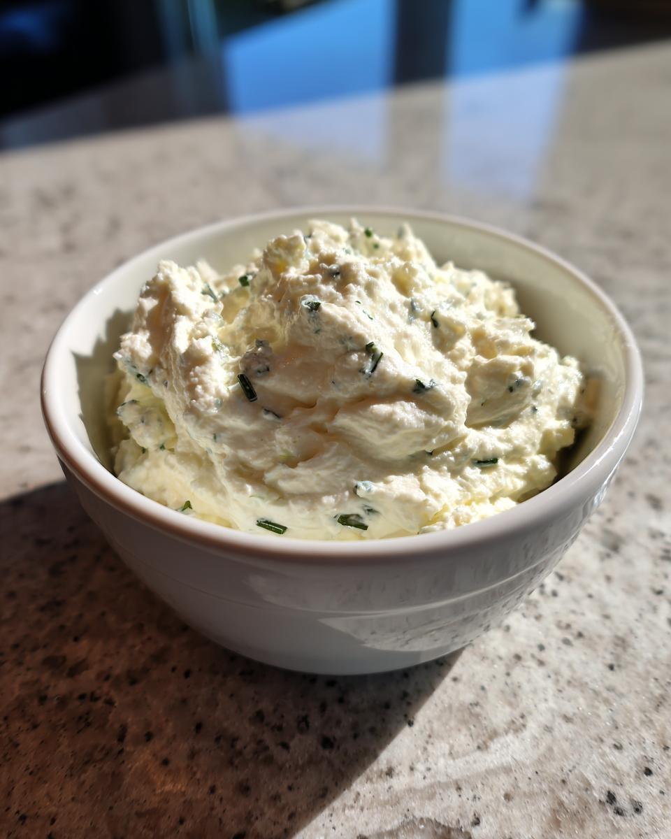 A close-up of thick, creamy blue cheese dip, speckled with chopped green herbs, served in a small white bowl.