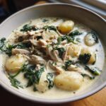 Close-up of a hearty bowl of creamy gnocchi soup loaded with shredded chicken and wilted spinach.