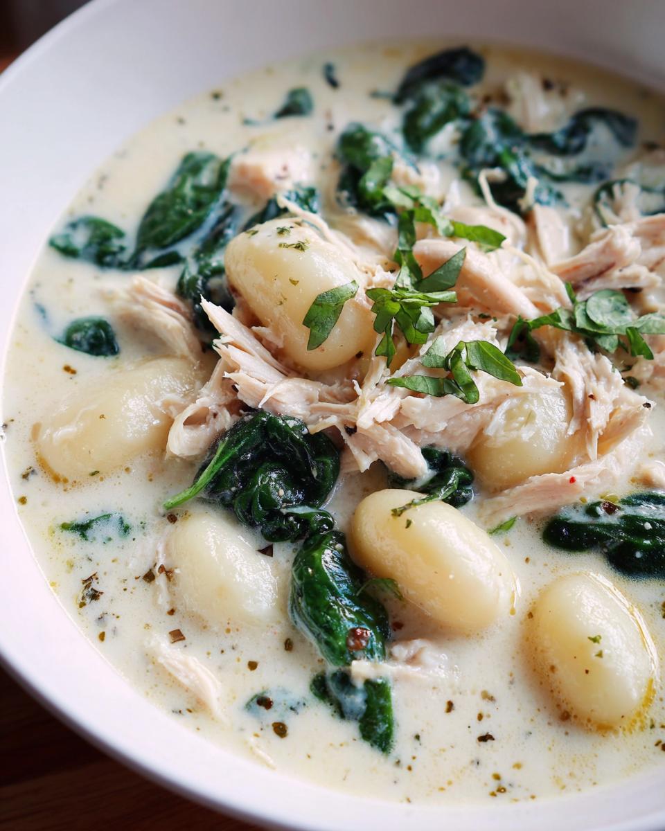 Close-up of a bowl of creamy chicken gnocchi soup featuring tender gnocchi, shredded chicken, wilted spinach, and fresh herbs.