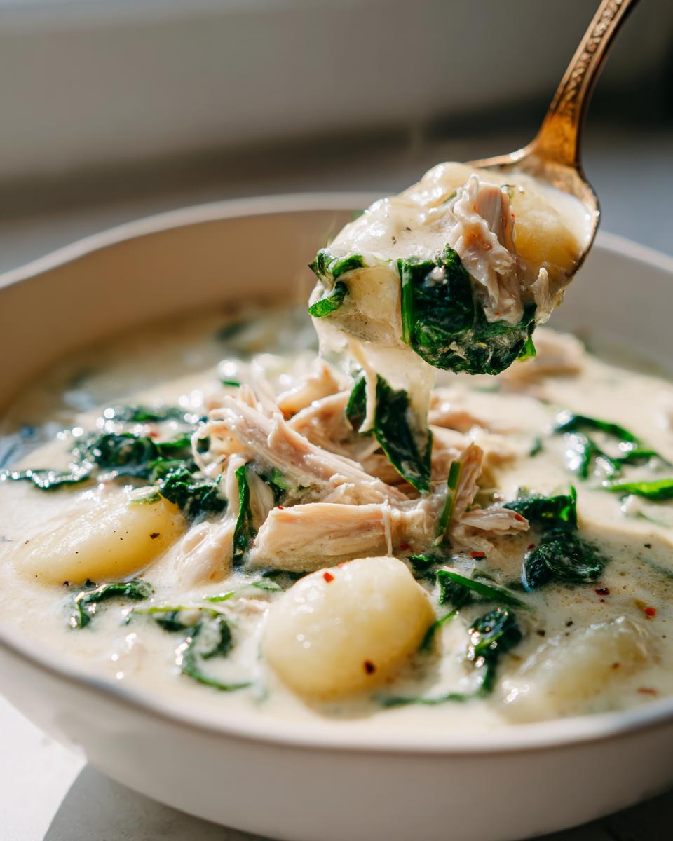 A spoonful of creamy chicken gnocchi soup, rich with shredded chicken and spinach, lifted from a white bowl.