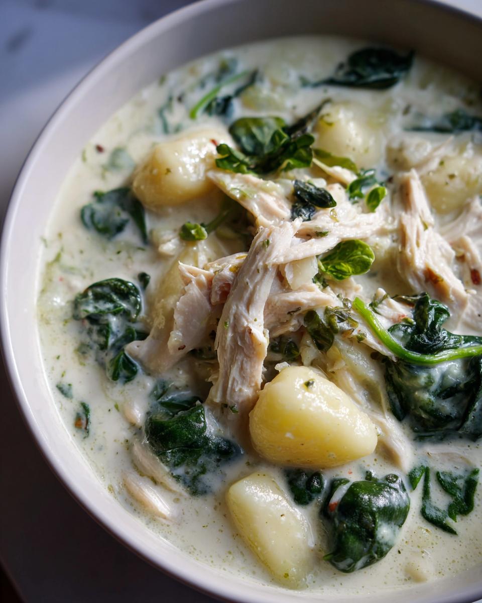 Close-up of a bowl of creamy chicken gnocchi soup featuring tender shredded chicken, soft gnocchi, and wilted spinach.