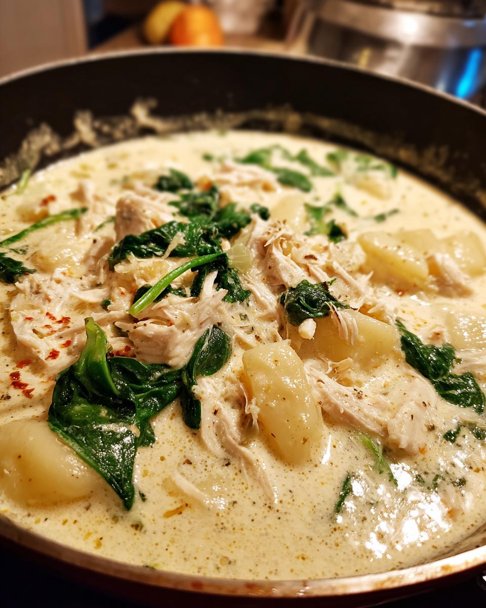 Close-up of creamy chicken and spinach gnocchi soup simmering in a dark skillet.