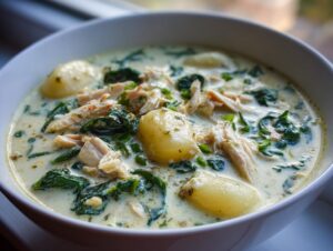 Close-up of a hearty bowl of creamy gnocchi soup featuring shredded chicken, wilted spinach, and soft potato gnocchi.