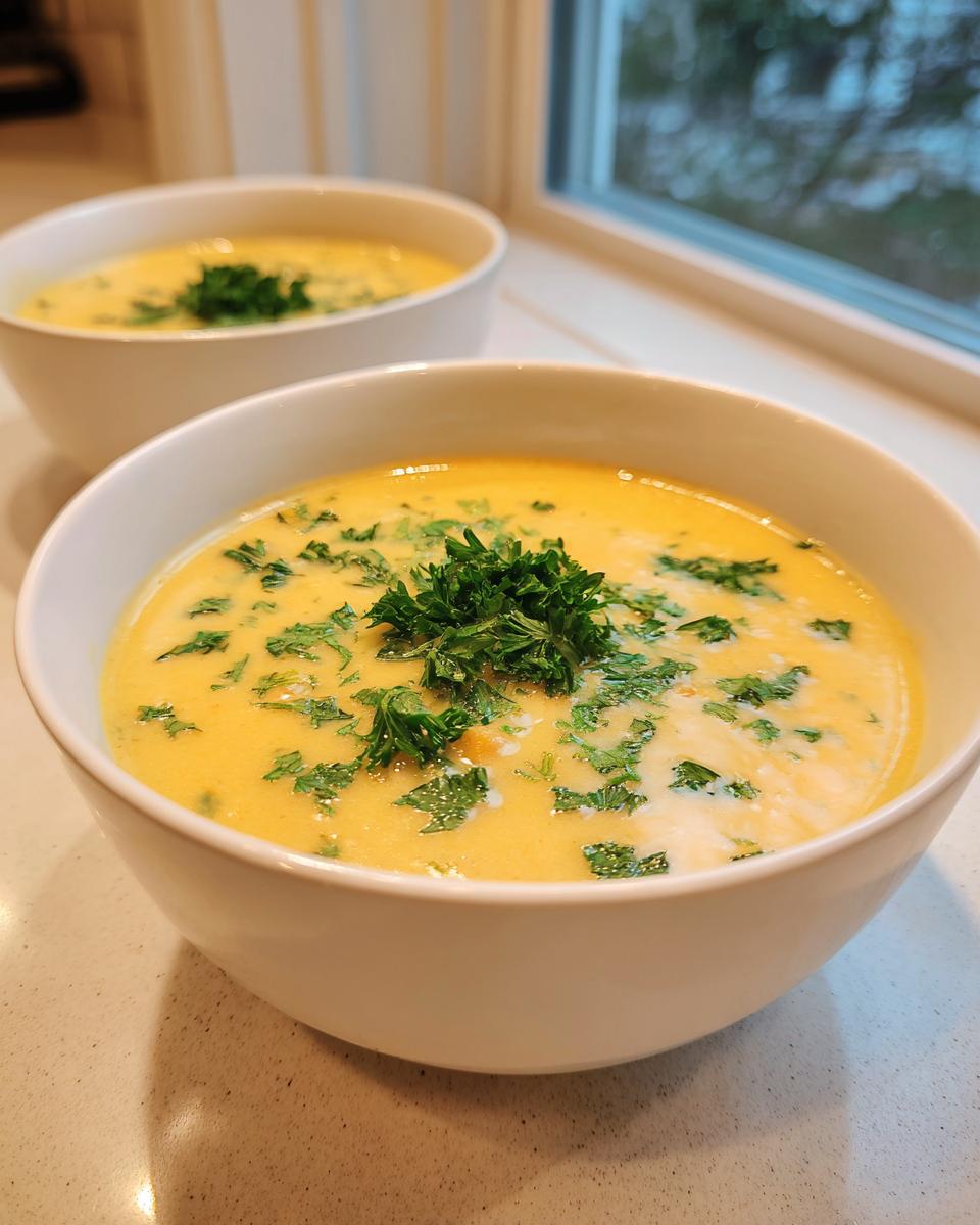 Two bowls of creamy, yellow chickpea soup garnished with fresh parsley, set near a window.