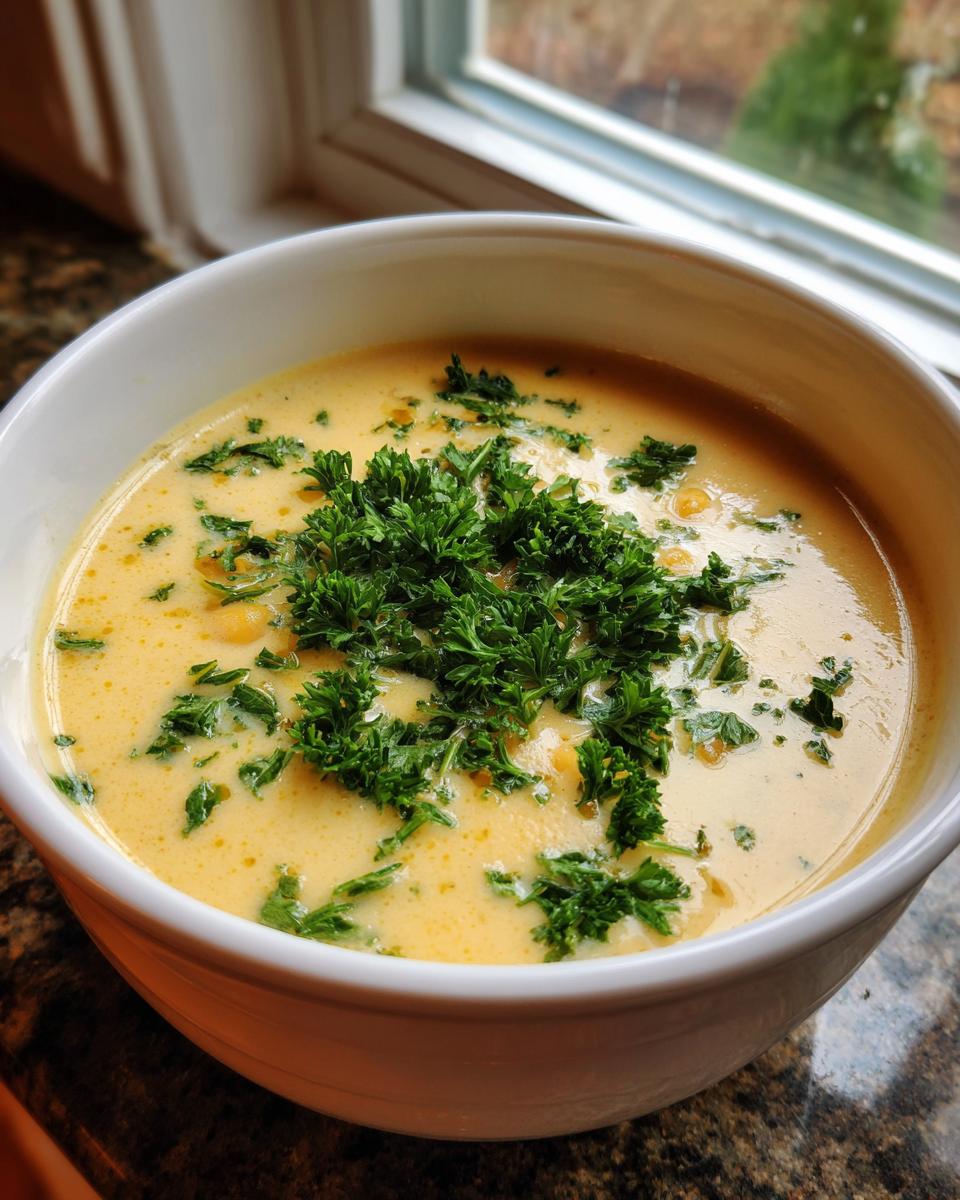 A close-up of a white bowl filled with creamy yellow chickpea soup, topped generously with fresh, chopped parsley.