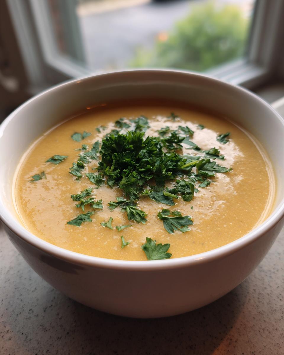 A close-up of a white bowl filled with creamy, orange-hued chickpea soup, garnished generously with fresh parsley.