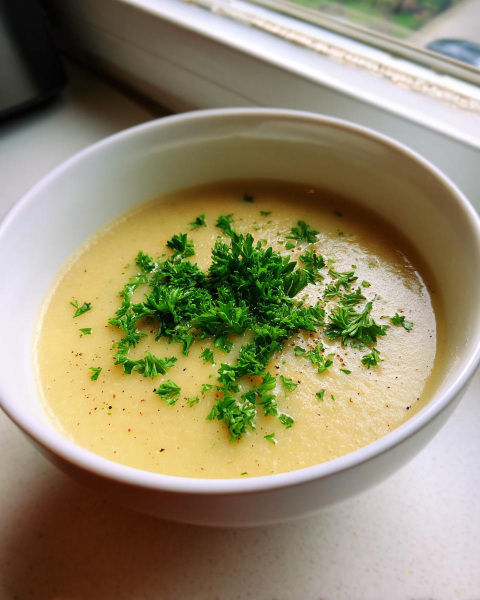 Close-up of a bowl of creamy, smooth chickpea soup topped generously with fresh, bright green parsley.
