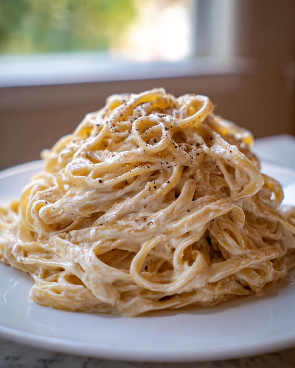 A generous serving of fettuccine coated in creamy cottage cheese alfredo sauce, topped with cracked black pepper.