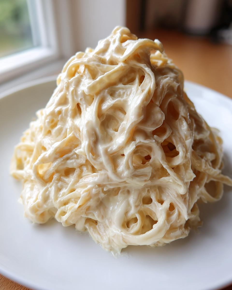 A mound of fettuccine noodles generously coated in creamy cottage cheese alfredo sauce, served on a white plate.