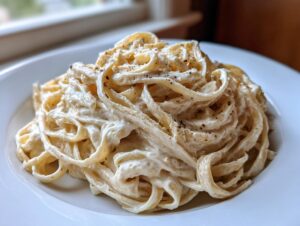 Close-up of creamy fettuccine noodles coated in rich cottage cheese alfredo sauce, topped with black pepper.