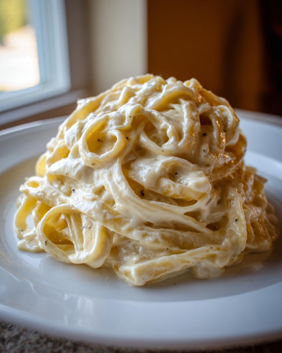 A close-up shot of fettuccine pasta generously coated in creamy Cottage Cheese Alfredo sauce, served on a white plate.