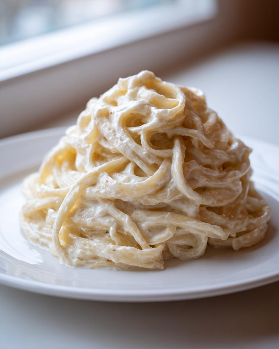 A tall mound of fettuccine pasta coated in a thick, creamy cottage cheese alfredo sauce on a white plate.
