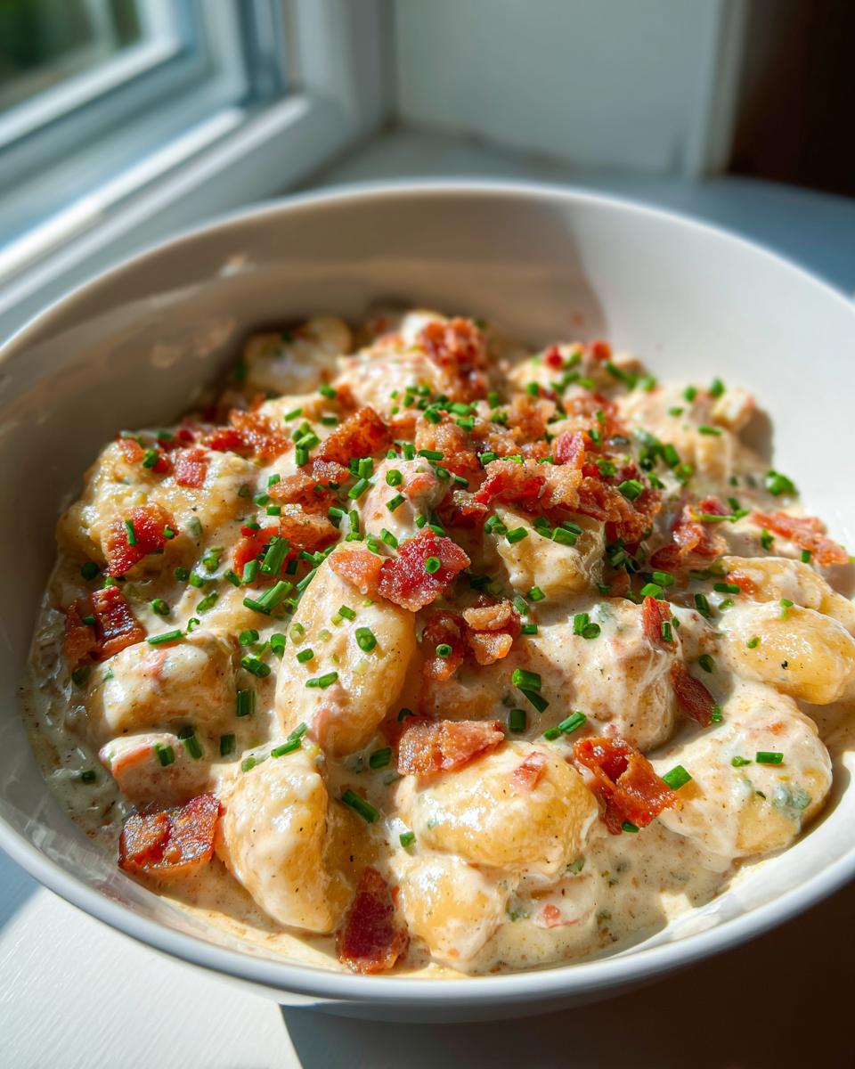 A close-up of Creamy Crack Chicken Gnocchi served in a white bowl, topped generously with crispy bacon bits and fresh chives.