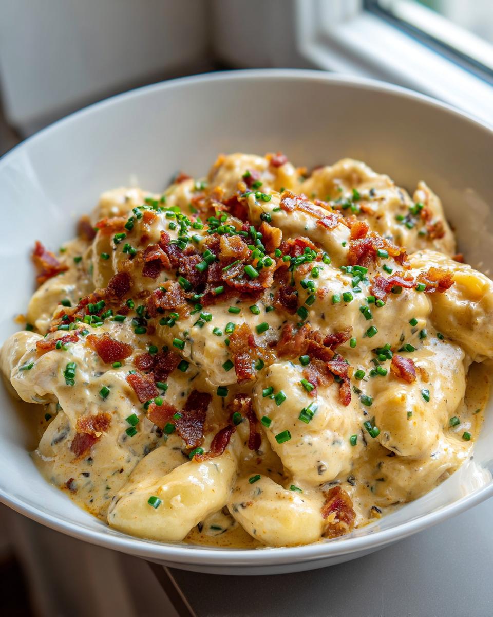 A close-up of a white bowl filled with Creamy Crack Chicken Gnocchi, topped generously with crumbled bacon and fresh chives.