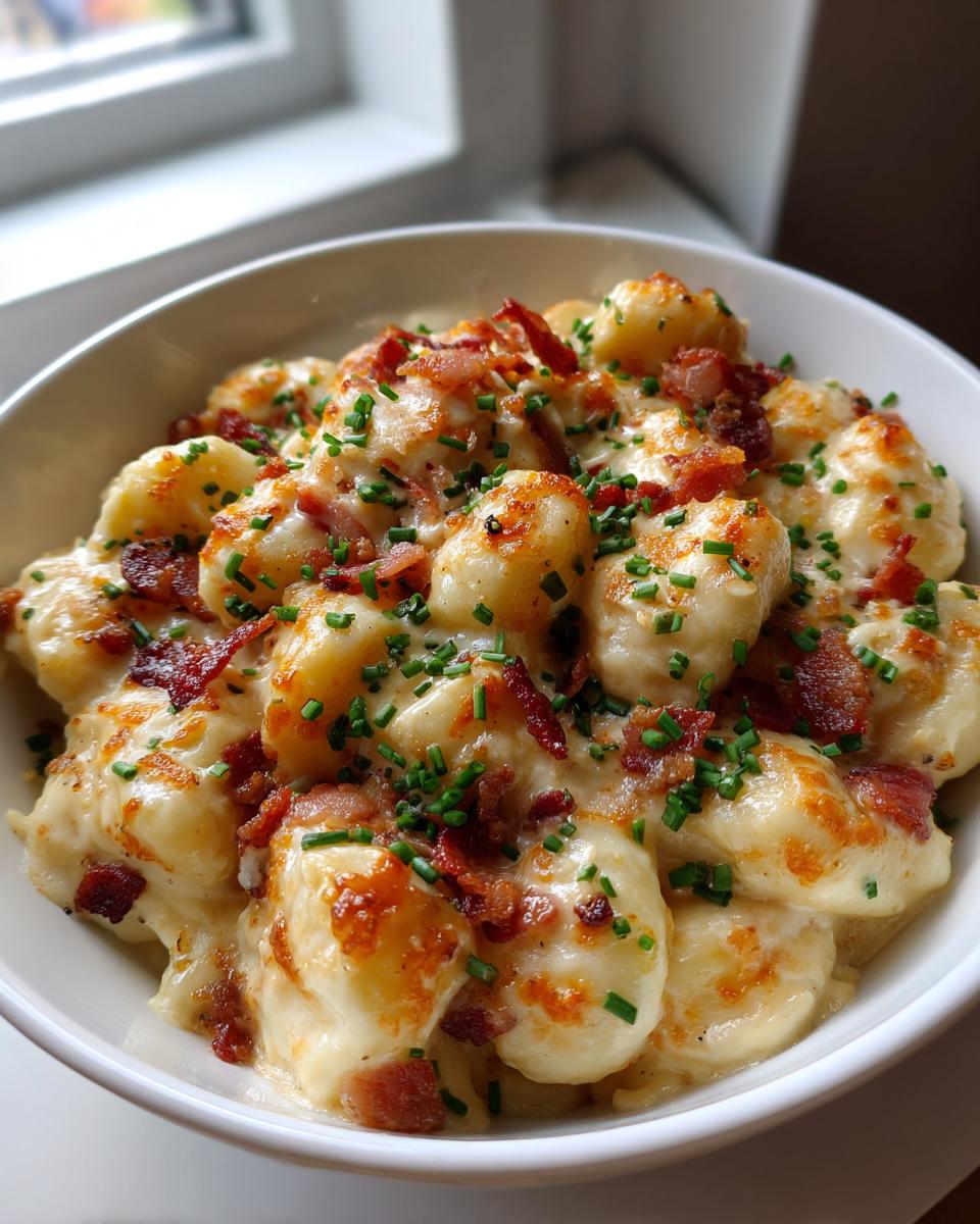 A close-up of a white bowl filled with Creamy Crack Chicken Gnocchi topped with melted cheese, crispy bacon bits, and fresh chives.