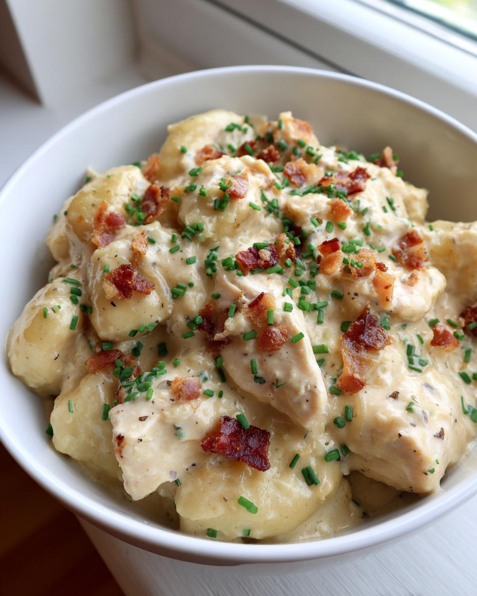 Close-up of a white bowl filled with Creamy Crack Chicken Gnocchi, topped with bacon bits and fresh chives.