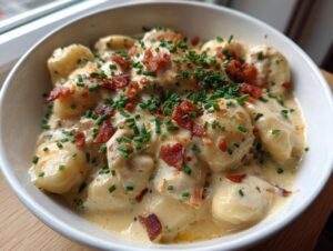 A close-up of a white bowl filled with Creamy Crack Chicken Gnocchi, topped with crispy bacon bits and fresh chives.