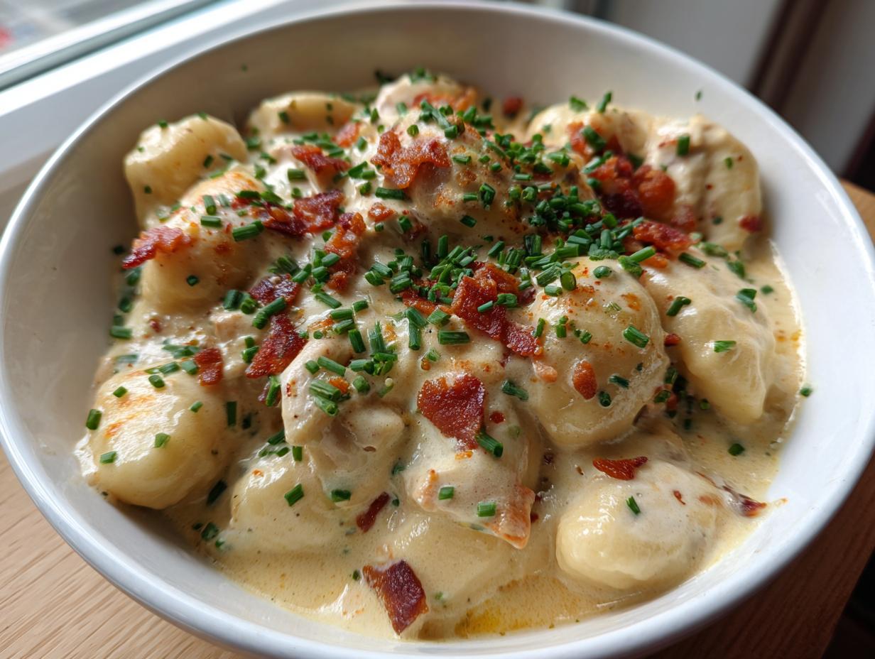A close-up of a white bowl filled with Creamy Crack Chicken Gnocchi, topped with crispy bacon bits and fresh chives.