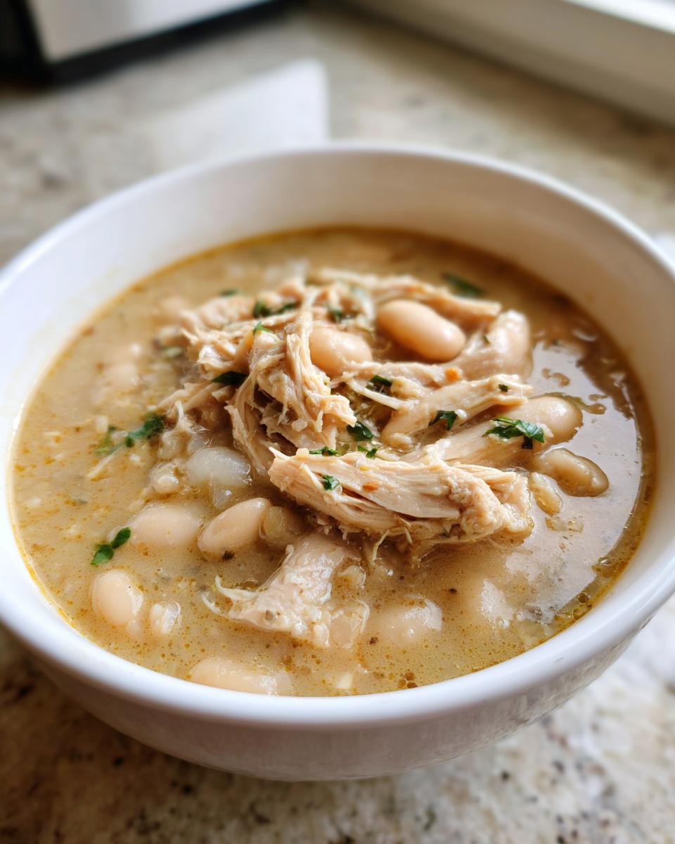 A close-up of a creamy bowl of crockpot white chicken chili topped with shredded chicken and white beans.