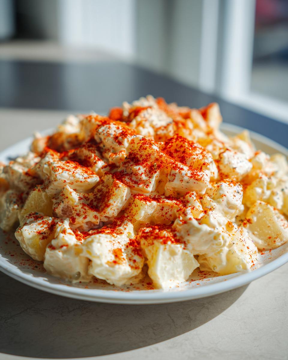 A close-up of creamy deviled egg potato salad, featuring chunks of potato coated in dressing and heavily sprinkled with bright red paprika.