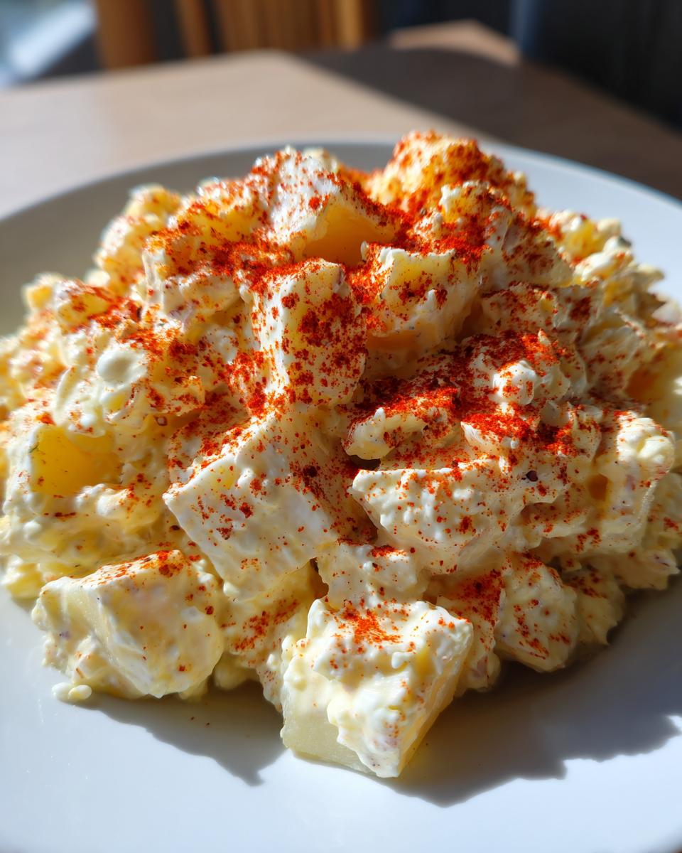 Close-up of creamy deviled egg potato salad served on a white plate and heavily dusted with bright red paprika.