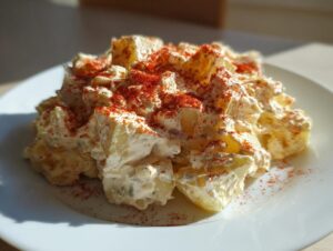 A mound of creamy deviled egg potato salad topped generously with bright red paprika, served on a white plate.