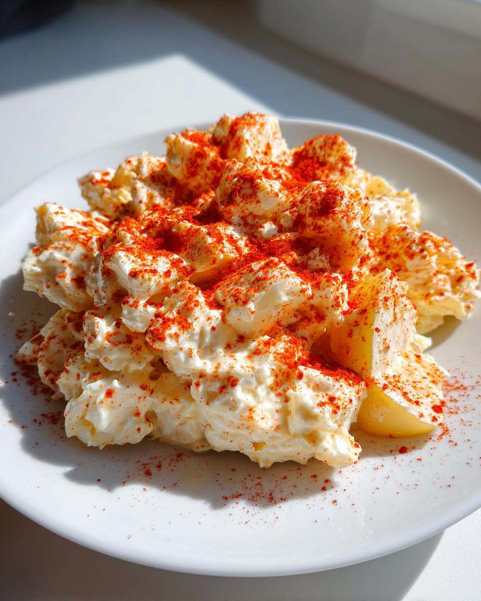 A close-up of creamy deviled egg potato salad generously topped with bright red paprika on a white plate.