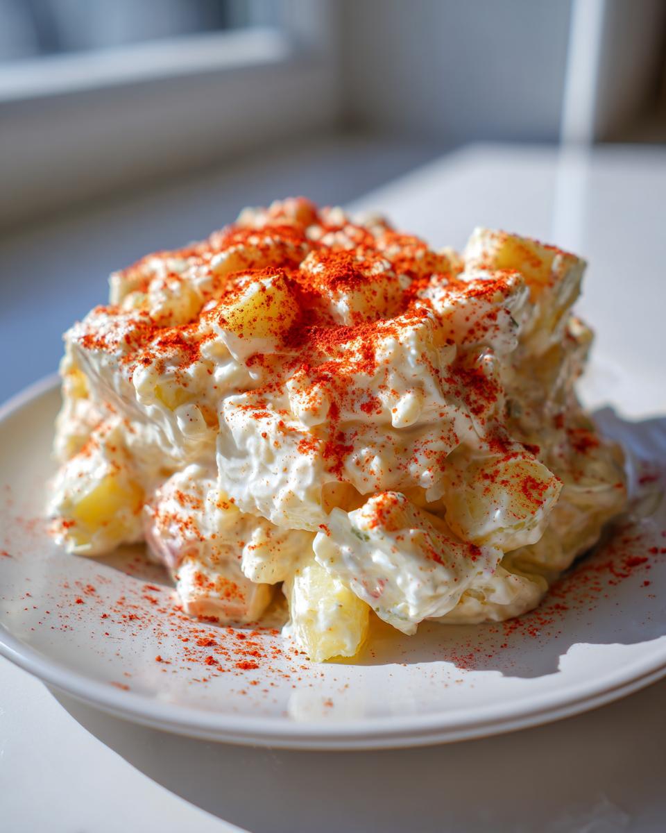 A mound of creamy deviled egg potato salad generously sprinkled with bright red paprika on a white plate.