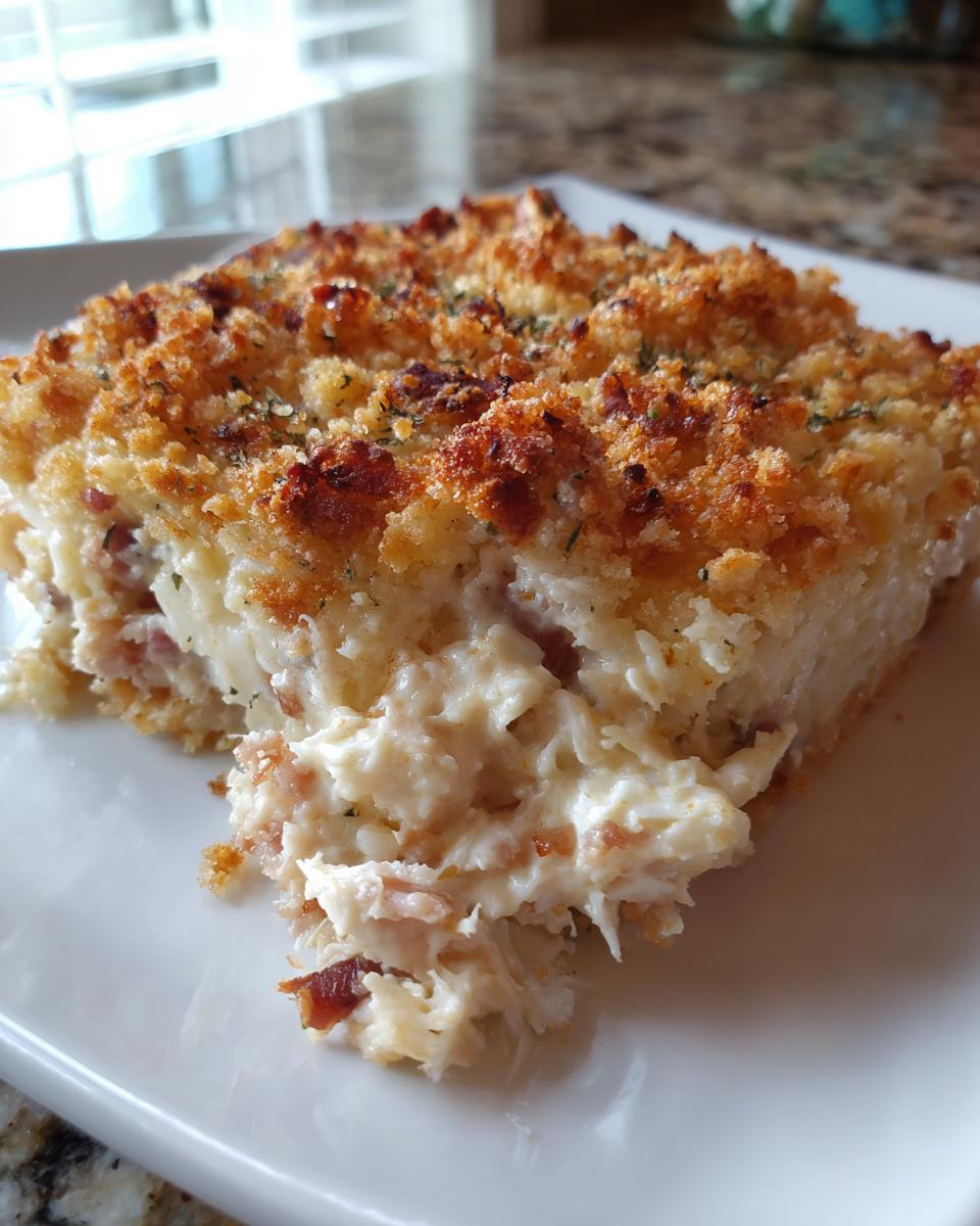 Close-up of a creamy serving of dolly parton casserole featuring shredded chicken, bacon, and a golden, crunchy breadcrumb topping.