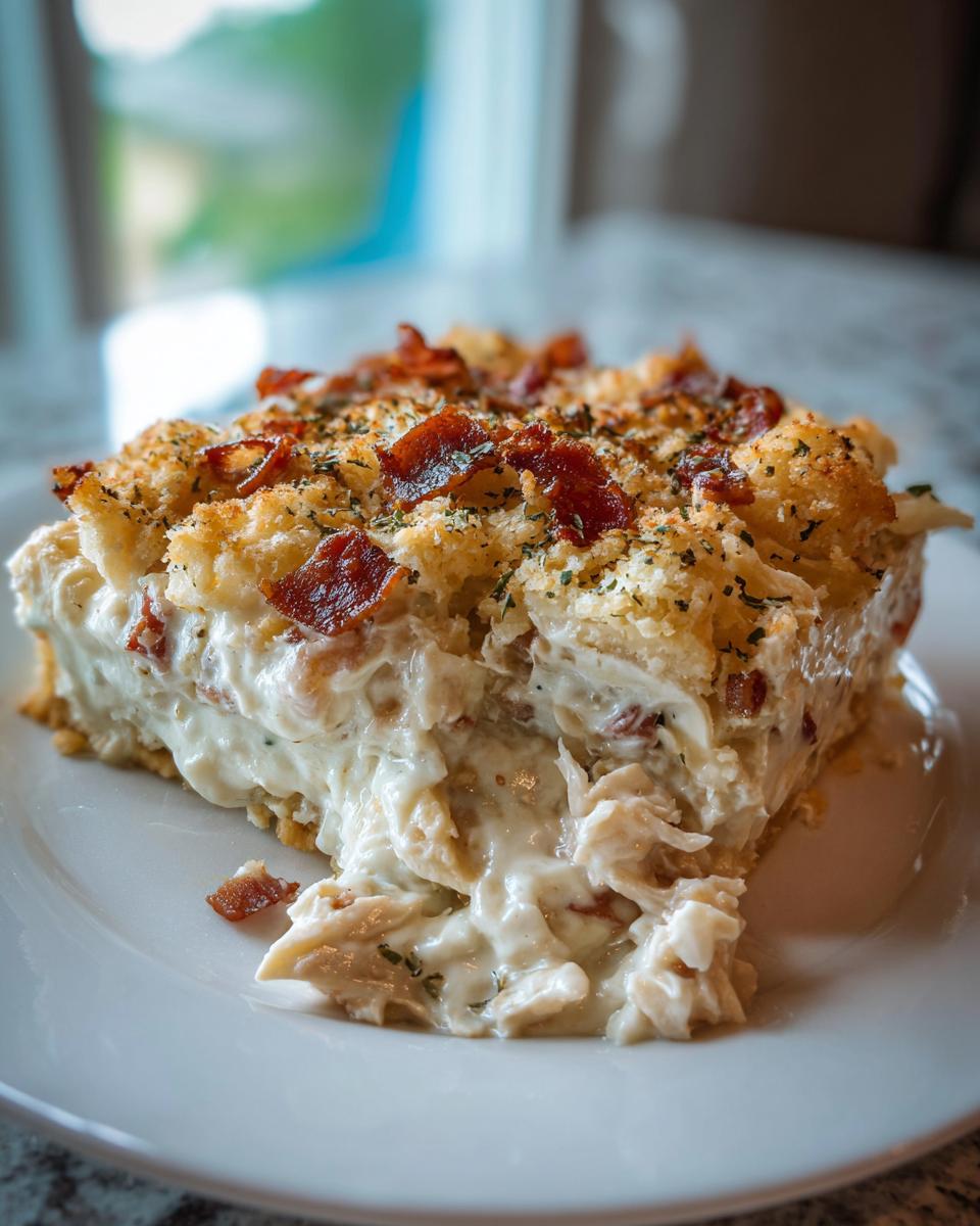 A close-up of a rich, creamy slice of Dolly Parton Casserole topped with crispy bacon and herbs.