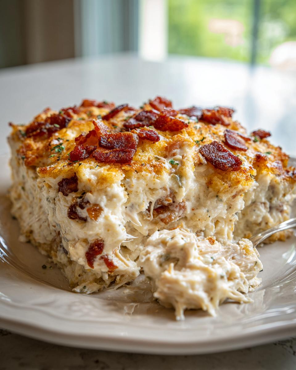 A creamy, cheesy slice of dolly parton casserole topped with crispy bacon bits being lifted by a fork.