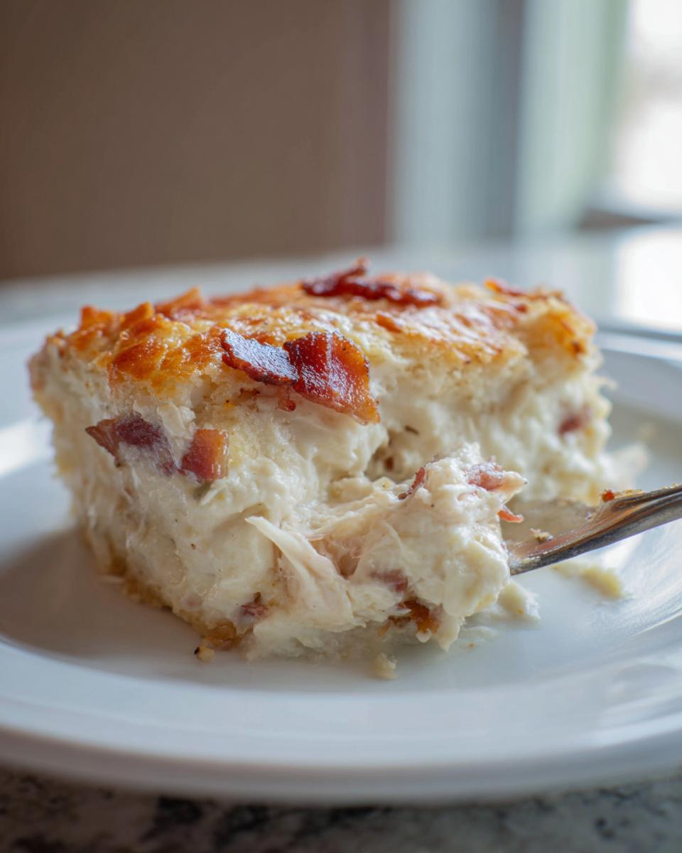A fork taking a bite out of a creamy slice of Dolly Parton Casserole topped with crispy bacon.